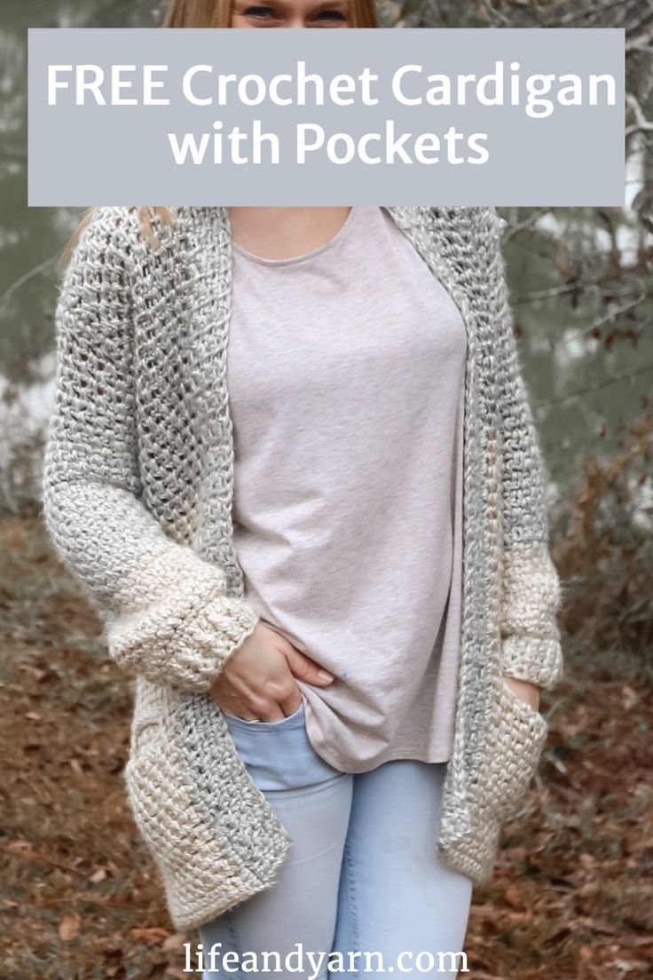 a woman standing in the woods wearing a crochet cardigan with pockets and text overlay that reads, free crochet cardigan with pockets