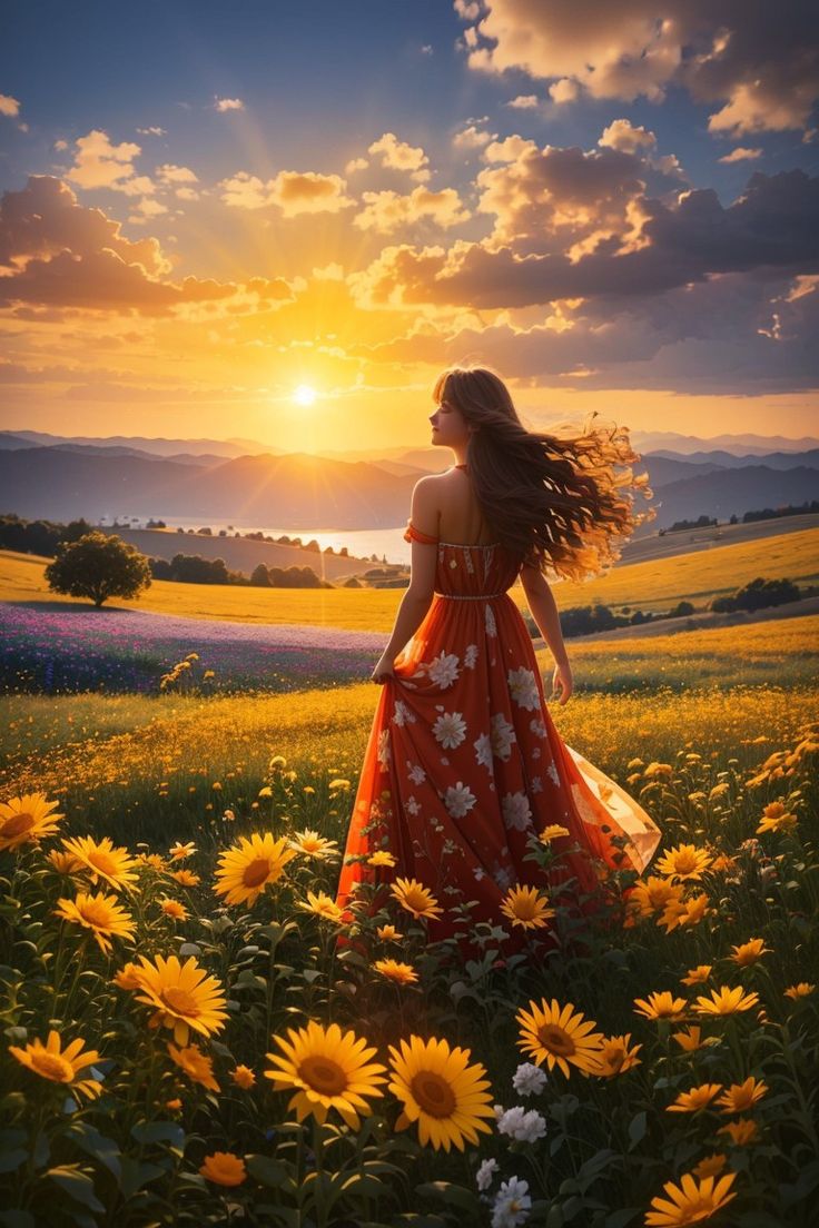 a woman in a red dress walking through a field with sunflowers at sunset