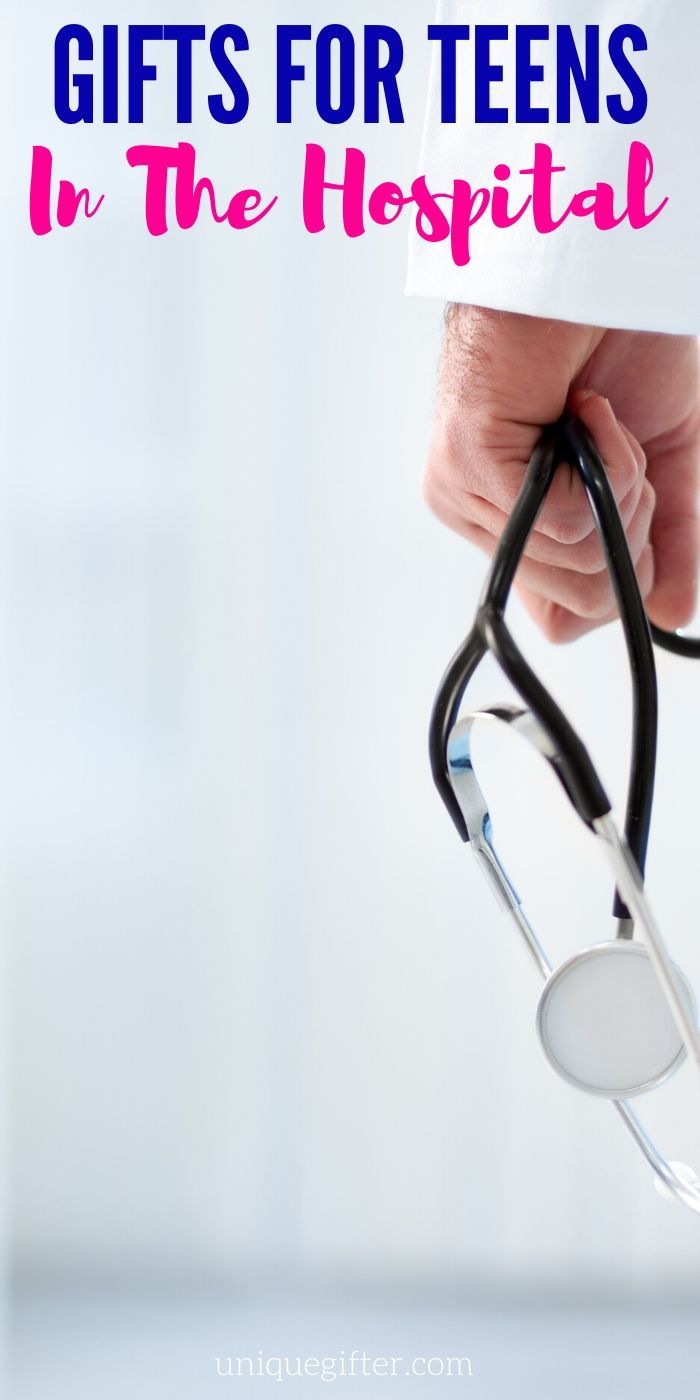 a hand holding a stethoscope with the words gifts for teens in the hospital