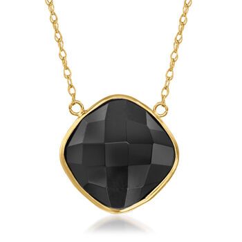 Ross-Simons - Black Onyx Necklace in 14kt Yellow Gold. 18.5". Draw attention to this understated eye-catcher! On the necklace, a shiny 12mm square cushion-cut black onyx makes a dramatic statement in a refined setting of polished 14kt yellow gold. Rope chain. Springring clasp, black onyx necklace. Elegant Yellow Gold Gemstone Chain Necklace, Elegant Sterling Silver Gemstone Chain Necklace, Yellow Gold Square Pendant With Diamond Cut, Elegant Square Pendant Necklace With Faceted Detail, Yellow Gold Diamond Cut Square Pendant Jewelry, Elegant 14k Gold Necklace With Polished Finish, Formal Yellow Gold Necklace With Polished Finish, Elegant 14k Gold Hallmarked Necklace, Fine Jewelry Square Pendant Necklace With Polished Finish