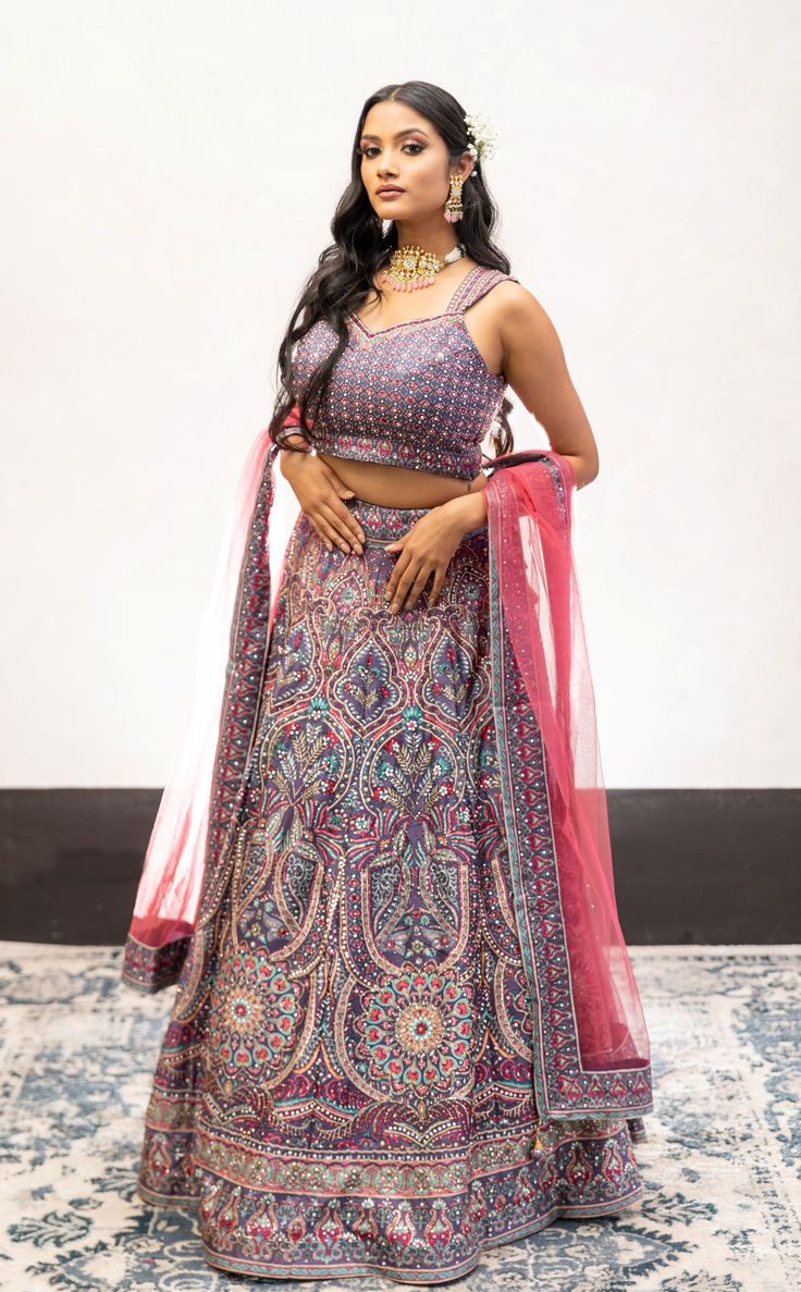 Purple Color Swarovski Work Wedding Lehenga Multicolor Motifs Lehenga For Wedding, Multicolor Motif Lehenga For Wedding, Hand Embellished Sharara For Traditional Ceremonies, Hand Embellished Traditional Sharara For Ceremonies, Fusion Style Wedding Sharara With Dupatta, Festive Fusion Lehenga For Wedding, Fusion Wedding Sets With Resham Embroidery, Fusion Style Lehenga With Traditional Drape For Wedding, Wedding Lehenga Hand Embellished In Multicolor