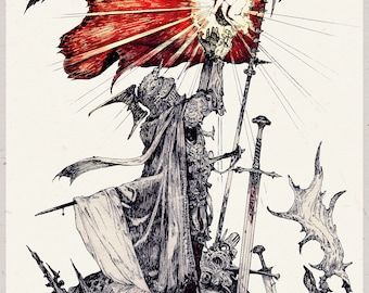 a drawing of a woman holding a red flag on top of a pile of skulls