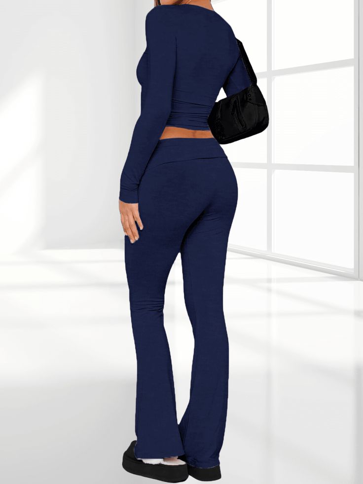 ⚡Buy 2023 Long Sleeve Cropped Top Fold-over Flare Pants Set Black M under $39.99 in Two-Piece Outfits at AnotherChill.com Online. Fabric Type: 95% Modal, 5% Spandex. Care Instructions: Machine Wash. Origin: Imported. Fabric: Made of soft and elastic, high-quality modal to ensure durability and comfort. It’s easy to care for, allowing you to enjoy its comfort for many occasions to come.. Design: Round neck, cropped length, bodycon, low rise, and slight flare. The Long-Sleeve Crop Top and Low Rise Flare Pants are designed to accentuate your curves while providing ultimate comfort.. Matching: The matching set can be worn with your coat or jacket. Besides, you can wear one of them alone to pair with your own wardrobe clothes like your skirts, jeans, tops, sweaters or other clothing.. Occasions Low Rise Flare Pants, Flare Pants Set, Long Sleeve Cropped Top, Wardrobe Clothes, 2000s Outfits, Skirts Jeans, Jeans Tops, Online Fabric, Cropped Top