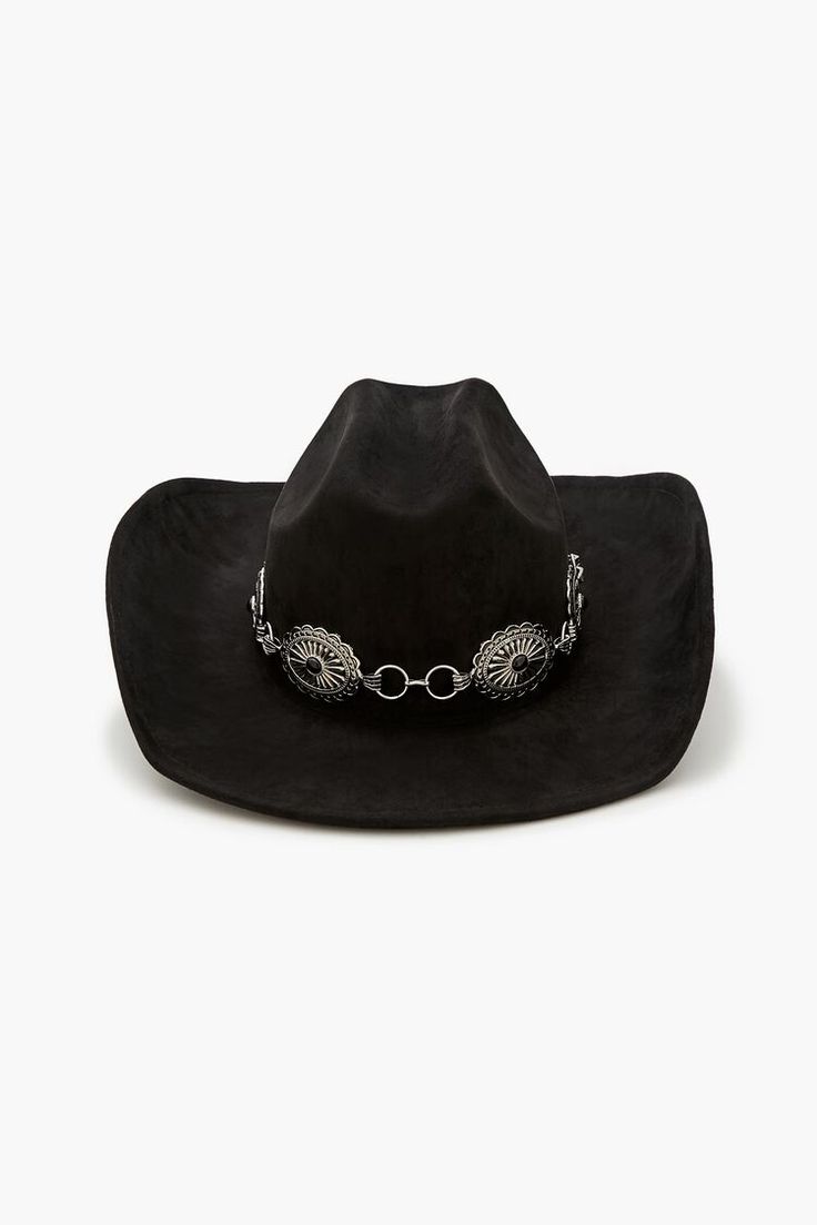 Brushed woven cowboy hat featuring pinched crown, curved brim, and chain trim with etched disc and faux stone embellishments. | 100% polyester | Circumference: 23.5" | Brim: 4" | Etched Chain Cowboy Hat Cowgirl Hat Aesthetic, Beaded Cowboy Hat, Black Cowboy Hat, Hat Aesthetic, Black Cowboy, Cowgirl Hat, Cowgirl Hats, Faux Stone, Cowboy Hat