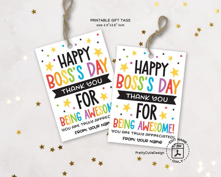 two tags that say happy boss's day, thank you for being awesome and have stars on them