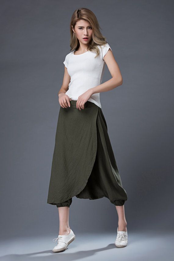 Green Linen Pants - Casual Comfortable Harem Style Modern Contemporary Womens Designer Pants C855 Spring Green Loose Fit Wide Leg Pants, Spring Green Baggy Wide Leg Pants, Spring Solid Color Ankle-length Harem Pants, Casual Green Long Skirt, Spring Solid Baggy Harem Pants, Spring Khaki Harem Pants With Loosely Fitted Hips, Spring Harem Pants With Loosely Fitted Hips In Khaki, Spring Baggy Solid Harem Pants, Spring Baggy Solid Color Harem Pants