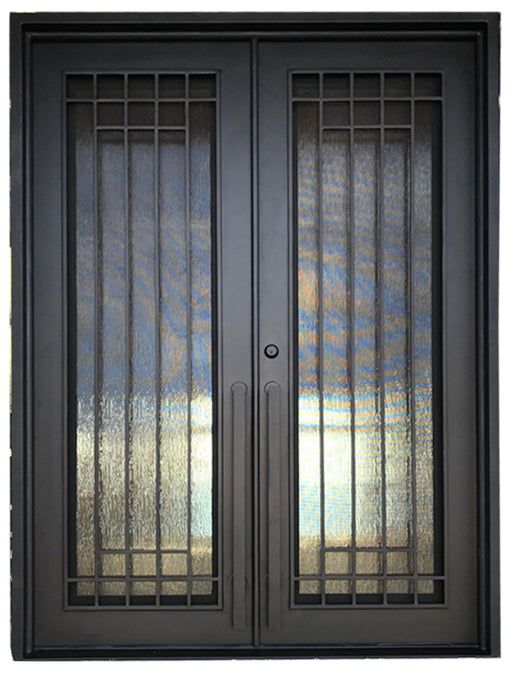 the double doors have bars on them and are black with frosted glass panels,