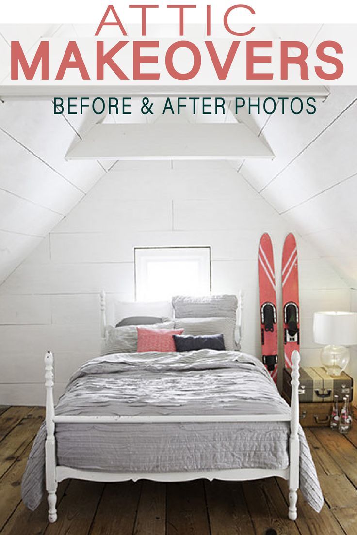 a bedroom with white walls and wood flooring has skis leaning against the wall