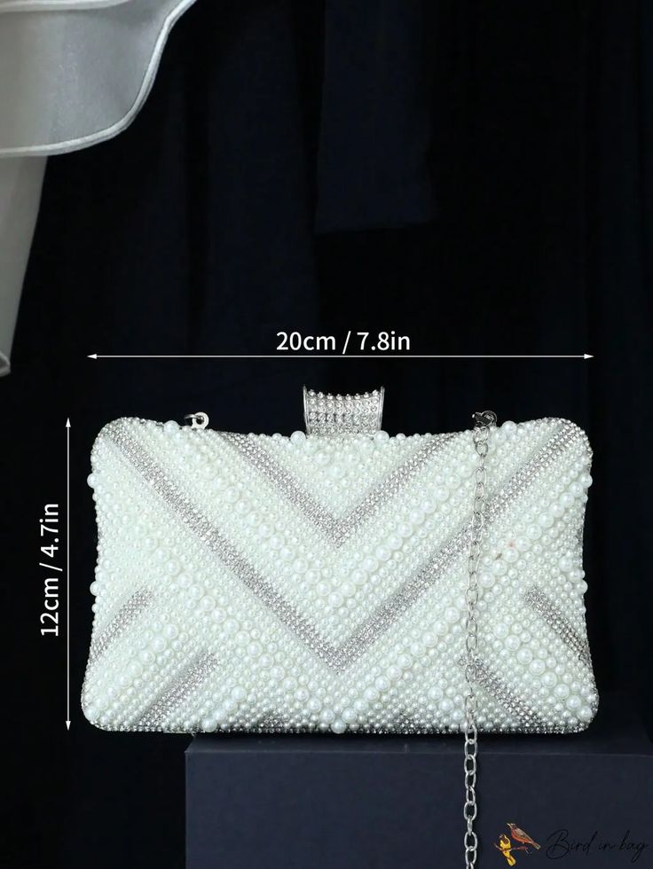 BirdinBag - Chic Mini Box Bag with Chain Strap, adorned with Pearls & Rhinestones. Ideal for Weddings, Proms & Parties. White Square Box Bag For Party, White Rectangular Box Bag For Evening, White Rectangular Case Box Bag For Evening, White Rectangular Evening Box Bag, Elegant White Rectangular Box Bag, Rectangular Wedding Clutch With Rhinestones, Rectangular Rhinestone Wedding Clutch, Embellished Rectangular Evening Bag For Prom, White Square Clutch For Formal Occasions