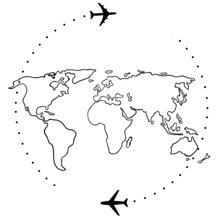 an airplane flying over the world map in black and white with dotted lines on it