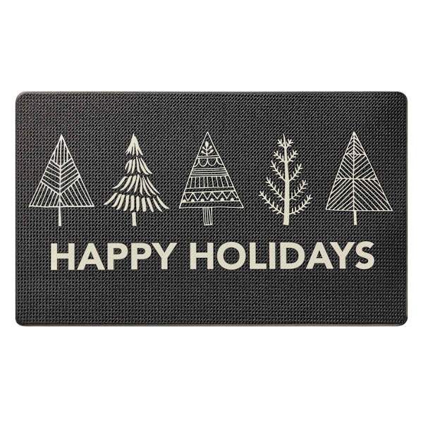 a black door mat that says happy holidays with white trees on the front and bottom