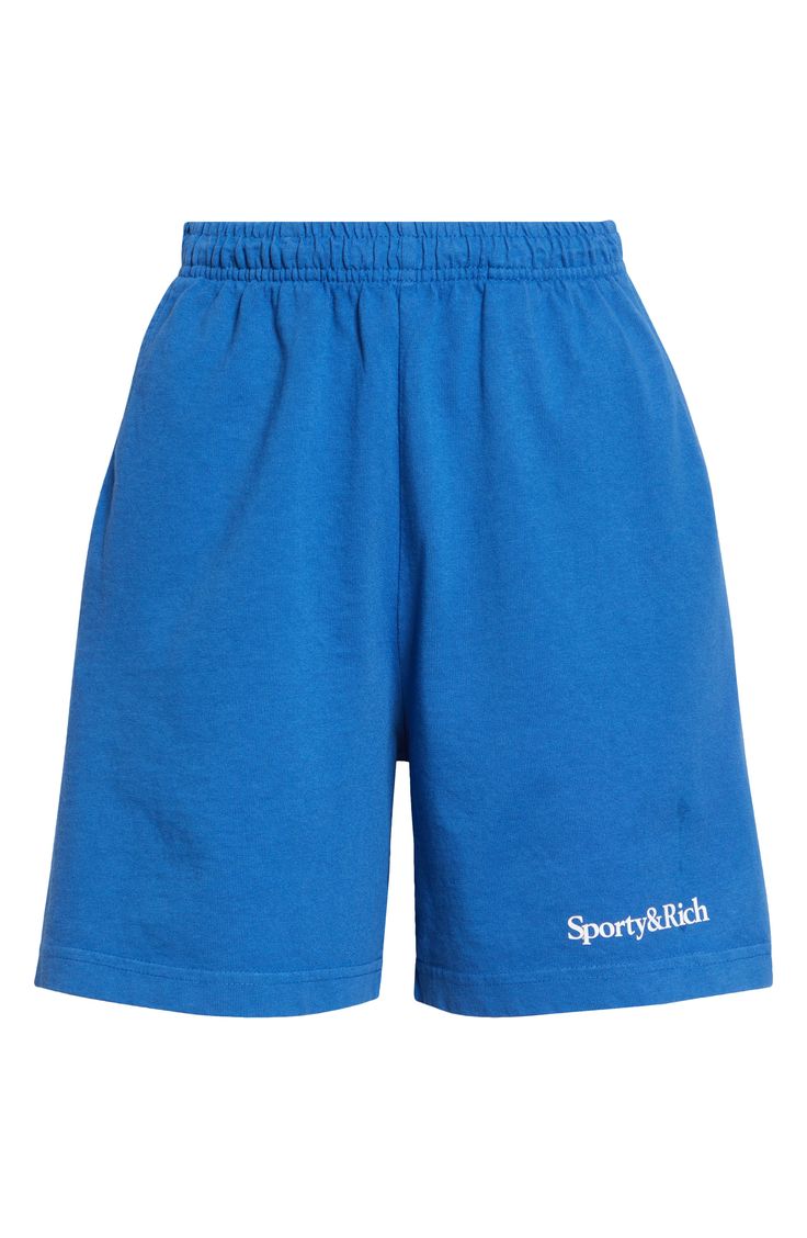 Look sleek in workout mode wearing these sporty cotton shorts cut in a high-waist silhouette and stamped with logo branding at the hip. 5 1/2" inseam; 24" leg opening; 13" front rise; 16 1/2" back rise (size Medium) Elastic waist Front slant pockets; back patch pocket Machine wash, tumble dry Made in the USA Asian & Pacific Islander Owned/Founded Sporty Relaxed Fit Athletic Shorts Mid-thigh, Sporty Mid-thigh Loungewear Shorts, Blue Sporty Biker Shorts With Elastic Waistband, Sporty Blue Biker Shorts With Elastic Waistband, Sporty Cotton Athletic Shorts For Spring, High-waisted Cotton Shorts For Gym, Sporty Cotton Athletic Shorts Mid-thigh Length, Athleisure Cotton Biker Shorts, Mid-thigh Length, Athleisure Cotton Biker Shorts Mid-thigh Length