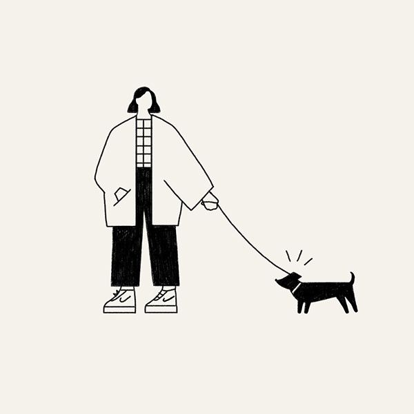 a drawing of a person walking a dog on a leash, in black and white