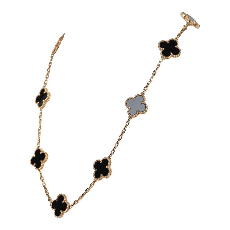 This Van Cleef & Arpels Vintage Alhambra 10 Motif Necklace is in 18k gold with 10 onyx motifs and a lobster claw clasp.Origin: FranceCondition: New and never wornAccompanied by: VCA green jewelry box, box and authenticity card Measurements: 16.5" x .5" Luxury Black Necklace For Formal Occasions, Luxury 14k Gold Jewelry With Black Enamel, Luxury Yellow Gold Necklaces With Black Enamel, Luxury Black Hallmarked Jewelry, Designer Black Necklace As A Gift, Designer Black Necklace For Gift, Designer Black Necklaces For Gift, Elegant Black Enamel 14k Gold Necklace, Elegant Yellow Gold Necklaces With Black Enamel