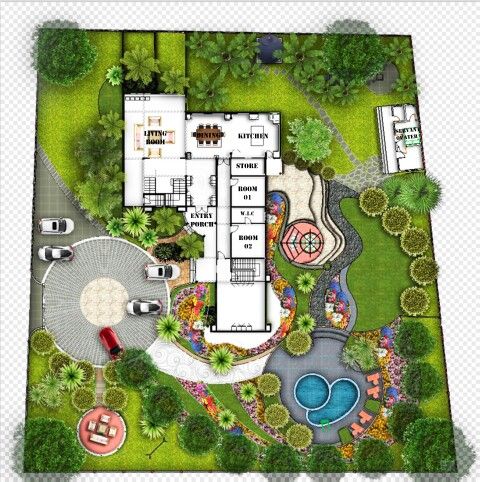 an aerial view of a house with a swimming pool in the center and landscaping around it