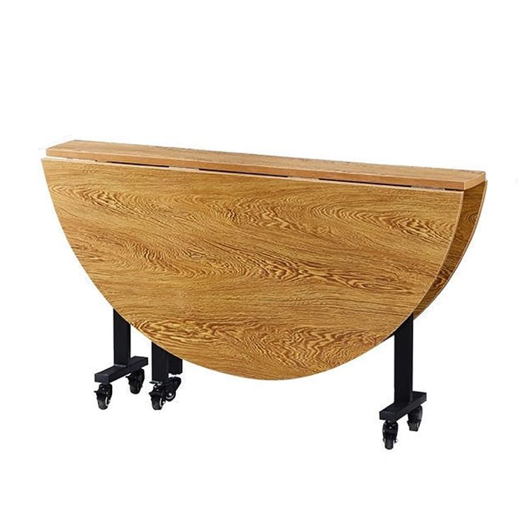 a wooden table with wheels on it and an oval shaped shelf in the middle that is attached to two black casteors