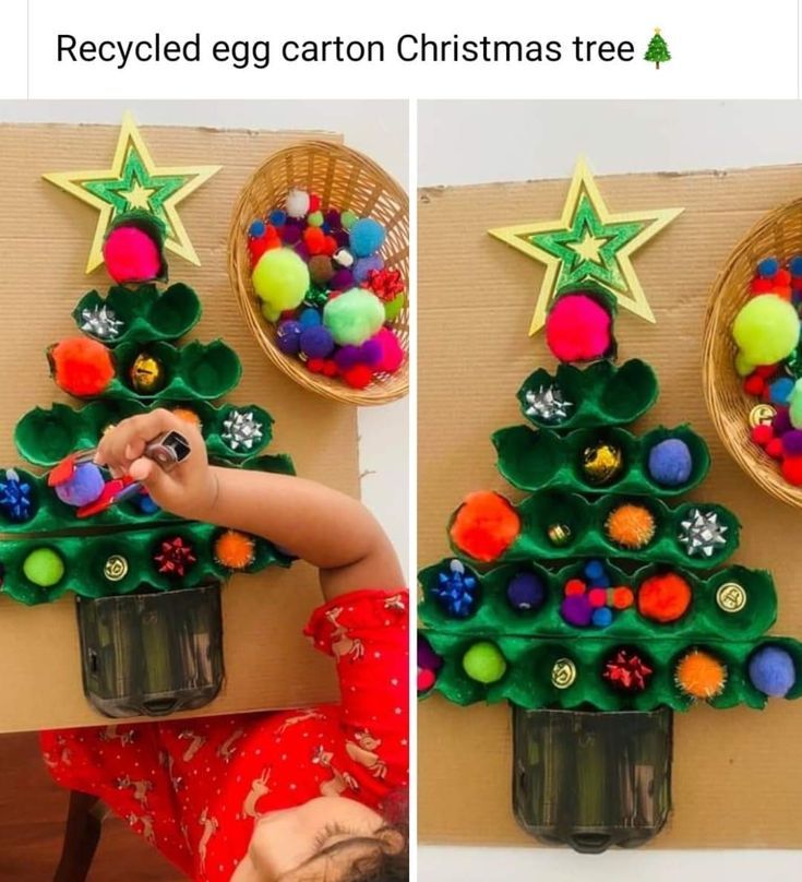 the child is playing with an egg carton christmas tree