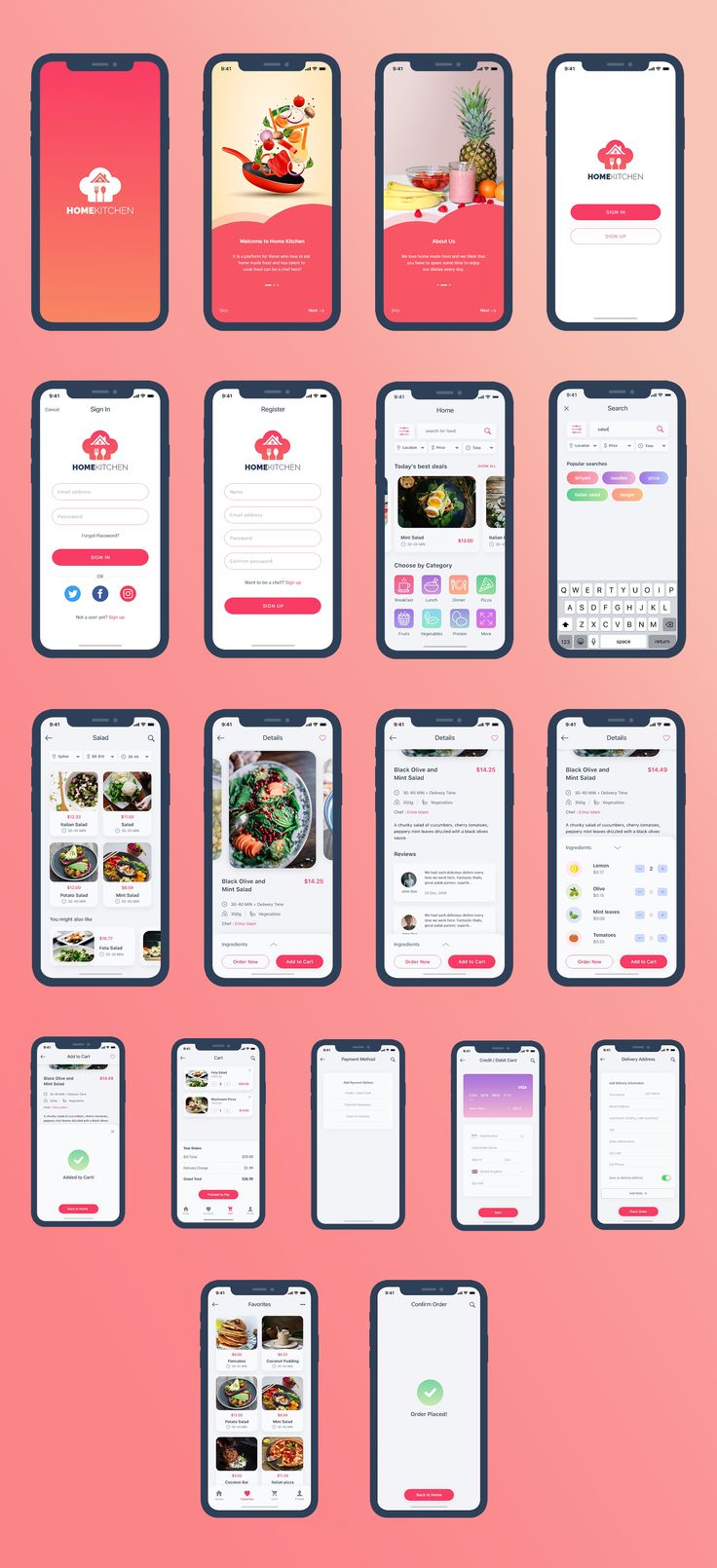 an image of several different mobile devices on a pink and red background with the words, food