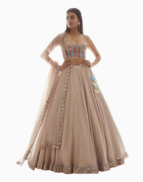 Corset Lehenga, Beige Corset, Vani Vats, Applique Blouse, Lehenga Dupatta, Gold Applique, Organza Lehenga, Corset Blouse, Organza Blouse