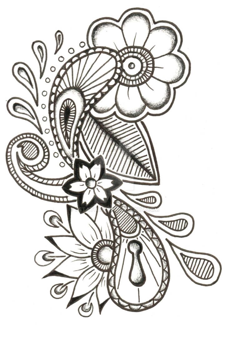 a drawing of flowers and paisleys on a white background