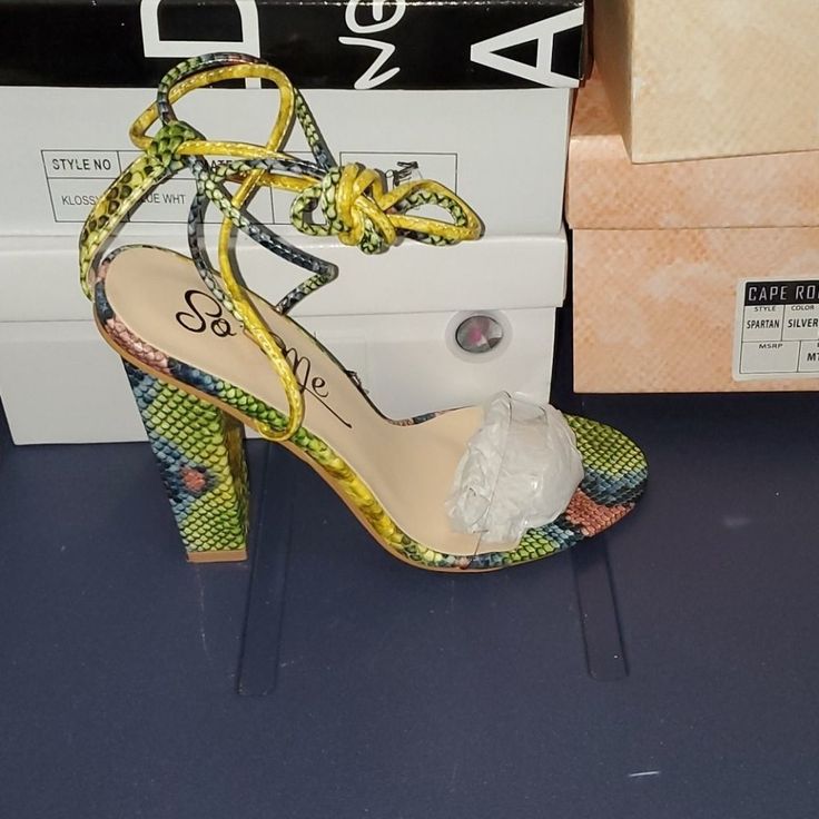 High Heel Block Sandals Multi Color Snake Print Block Sandals, So Me, Shoes High Heels, Snake Print, Green Yellow, High Heel Shoes, High Heel, Shoes Women Heels, Sandals Heels