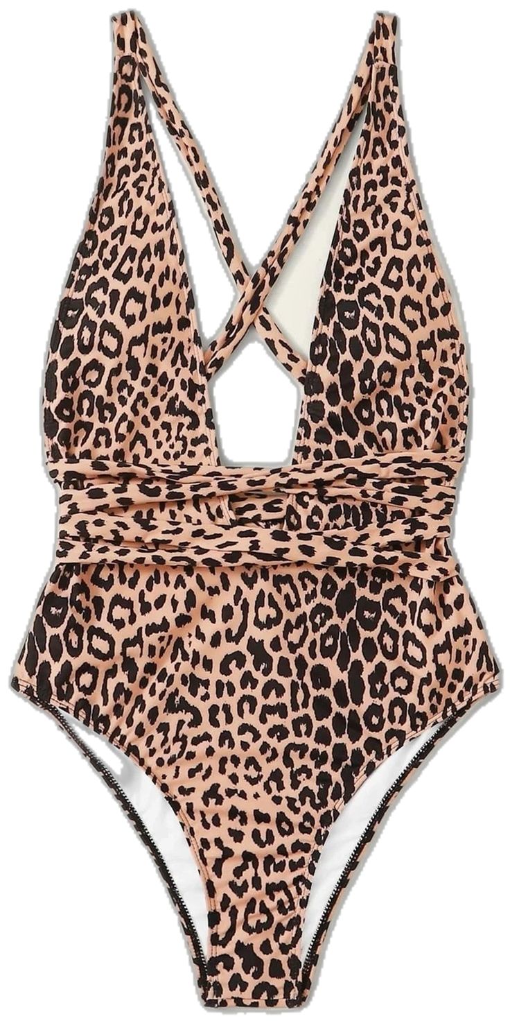 Leopard Print Plunge One Piece Swimsuit Monokini Summer Vacation Cross-back Tankini, V-neck Beachwear Swimwear For Summer Parties, Summer Backless Swimwear, Summer Backless One-piece With Lined Body, Summer Backless One Piece With Lined Body, Summer Bodysuit With Built-in Bra For Vacation, Chic Swimwear For Vacation, Chic Lined Swimwear For Vacation, Chic Vacation Swimwear With Lined Body