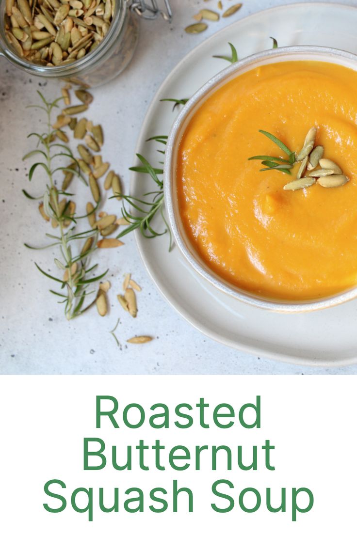 roasted butternut squash soup on a white plate