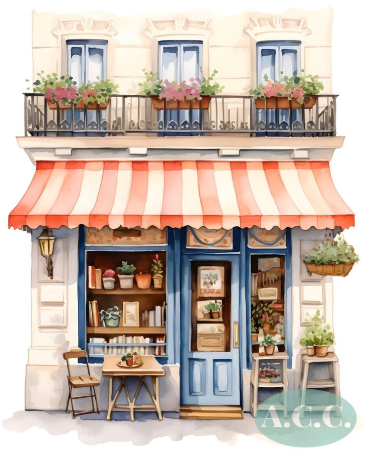 a watercolor painting of a store front with potted plants on the windows and an awning