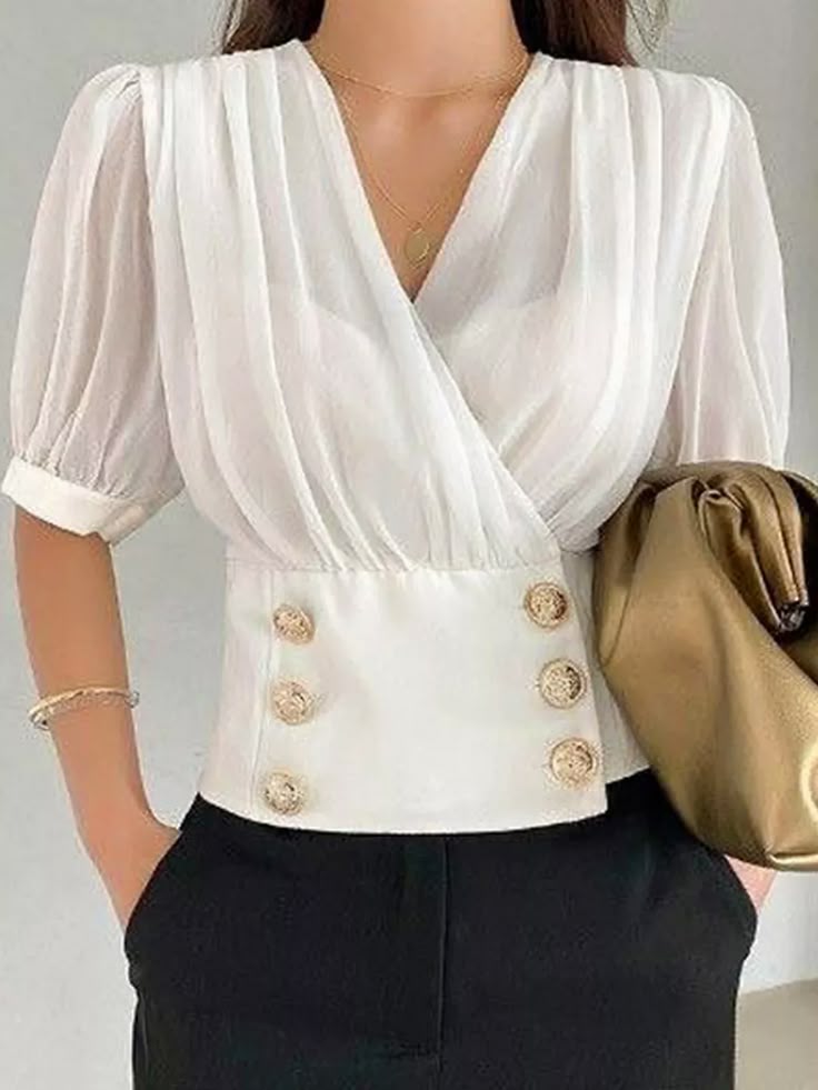 Cross Neck Loose Urban Plain Blouse Women Blouses Fashion, Chiffon Shorts, Fashion Tops Blouse, Plain Blouse, White Short Dress, Fitted Blouses, Clothing Design, Fashion Blouse, White Blouse