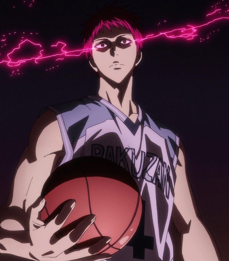 an anime character holding a basketball in his right hand and lightning behind him, with one eye on the ball