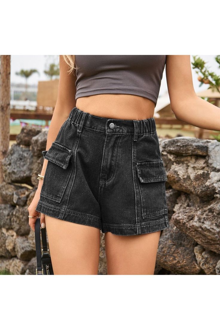 High-Waist Denim Shorts with Pockets - Denim Shorts - FITGGINS High-waisted Denim Jean Shorts With Cargo Pockets, High Waist Denim Jean Shorts With Cargo Pockets, Trendy Denim Cargo Shorts, Trendy Summer Shorts With Pockets, High Rise Cotton Shorts With Cargo Pockets, Spring High Waist Denim Cargo Shorts, Denim Cargo Shorts With Hip Pockets, High-waisted Cotton Jean Shorts With Cargo Pockets, Trendy High Rise Cargo Shorts