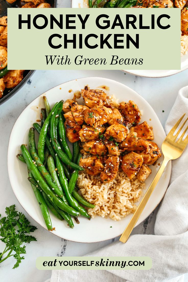 honey garlic chicken with green beans and rice on a plate