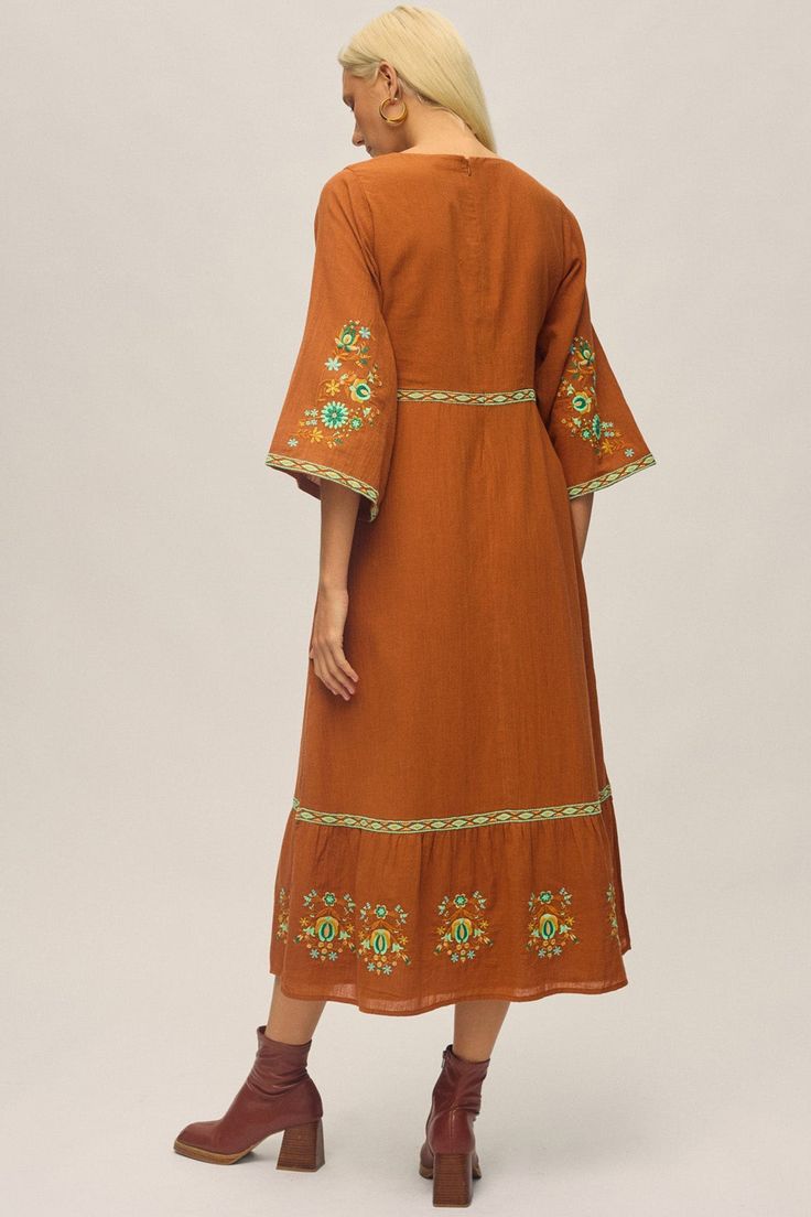 Back by popular demand, our best selling Empress dress returns in a new earthy colourway. Inspired by our most loved Empire Dress, this slightly more fitted silhouette is designed in beautiful 100% Indian cotton with custom NLB embroidered detail. Featuring our much loved Empire style waist, statement v-neckline, A-line flared sleeves with embroidery detail. This dress is a vintage-inspired dream! Model wears size AU 8 and is 178cm DETAILS True to size Inspired by the cut of our Empire Dress with a more fitted silhouette Midi length Side slit detail at the skirt Empire inspired waist with fixed waistband and embroidery detail Centre back invisible zip Front V-neck with embroidery detail Light gathers at hem panel (*please note - this is not featured in product images) Custom NLB brass butt Fitted Midi Dress With Embroidered Hem, Bohemian Fitted Embroidered Midi Dress, Casual Midi Length Dress With Embroidered Hem, Casual Midi Dress With Embroidered Hem, Folk Style Fitted Maxi Dress, Bohemian Fitted Dress With Embroidered Hem, Green Dress With Embroidered Neckline, Fitted Bohemian Dress With Embroidered Hem, Bohemian Dresses With Embroidered Hem