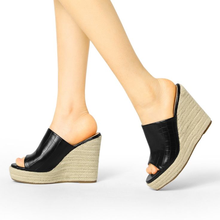 This platform wedge heel sandal features a faux leather upper and a stylish wedge heel, perfect for enhancing your everyday look. Ideal for work or outings, it pairs well with dresses, skirts, or shoes for a chic appearance. The espadrille wedges and slide wedge sandals offer versatility in styling. The outsole and heel are made of PVC and TPR for durability. Please note that the color may vary slightly depending on monitor settings. Heel height is 3 3/8 inches and platform height is 3/8 inches. Womens Espadrilles Wedges, Lace Wedges, Tie Up Sandals, Wedges Sandals, Platform Wedge Heels, Women's Espadrilles, Ankle Strap Wedges, Black Wedge Sandals, Espadrille Wedge