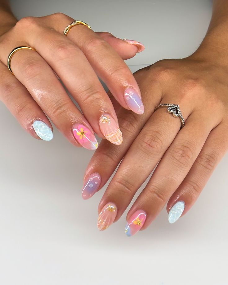 summer freestyle for maddie 🌺🫧🐚 i’m actually so in love with how this set turned out omg and it was so fun to make the water nail likeeee look how realistic?? love. #nails #nailart #summernails #summer #gelx #gel #gelnails #vbeautypure #apresgelx #après #vbp #nailinspo #nailinspiration #gelextensions #almondnails Water Effect Nails, Teen Nails, Beachy Nails, Water Nails, Gel Nails Diy, Girly Acrylic Nails, Summery Nails, Beach Nails, Dream Nails