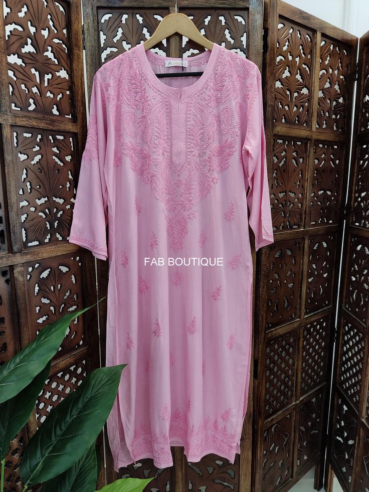 ▪ Kurti Fabric: Modal ▪ Kurti Length: 44-46 Inches ▪ Sleeves: 3/4 Sleeves ▪ Style: Straight Kurti ▪ Occasions: Party Wear, Office Wear, Festive Wear ▪ Garment Care: Hand Wash Only ▪ Price Includes: 1x Kurti Festive Fitted Kaftan With Zari Work, Fitted Festive Kaftan With Zari Work, Traditional Fitted Kaftan For Navratri, Bollywood Style Fitted Kaftan For Navratri, Fitted Bollywood Kaftan For Navratri, Traditional Fitted Navratri Kaftan, Fitted Long Pink Kaftan, Fitted Pink Kurta With Dabka Work, Pink Kurta With Dabka Work