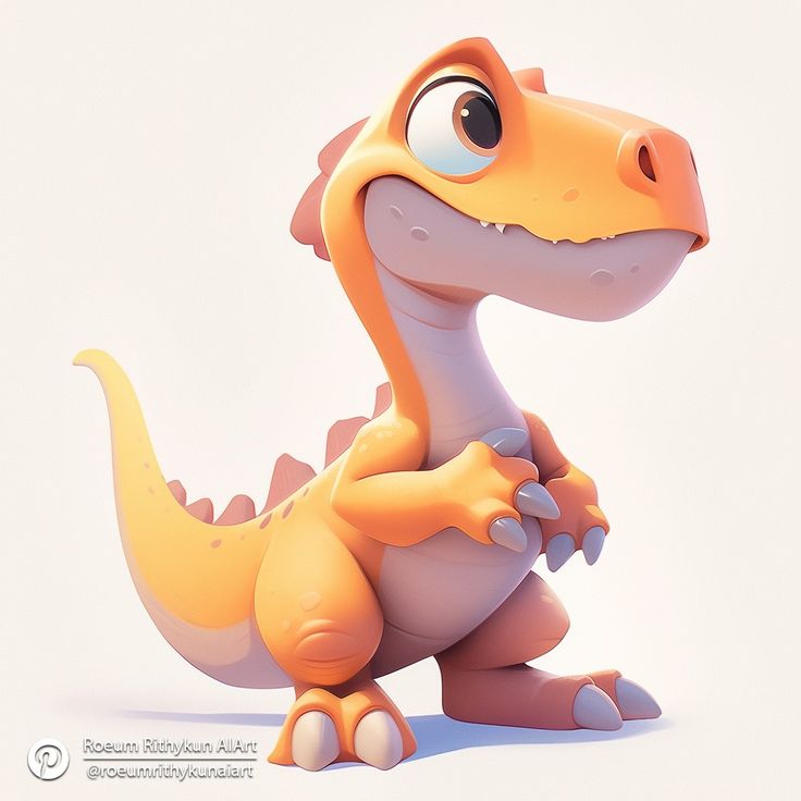 an orange and white toy dinosaur sitting on the ground with eyes wide open, looking to its left