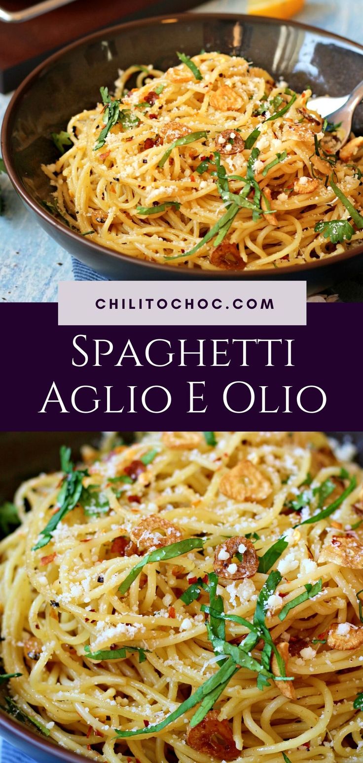 spaghetti with basil and parmesan cheese in a skillet on a blue table