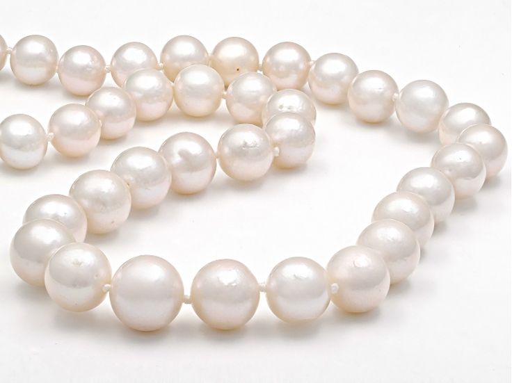 10-13mm White Cultured Freshwater Pearl Rhodium Over Sterling Silver 20" Necklace. Measures approximately 9/16 of an inch in width and has a bead clasp. Colors, shapes, and sizes may vary. Classic White Jewelry With Polished Beads, Formal Round Necklace With Polished Beads, Classic Polished Beads Jewelry For Formal Occasions, Formal Round Polished Beads Necklace, Classic Round Pearl Necklace With Polished Beads, Classic Polished Beads Pearl Necklace, White High Luster Round Bead Necklaces, White High Luster Round Beaded Necklaces, White High Luster Round Beads Necklace