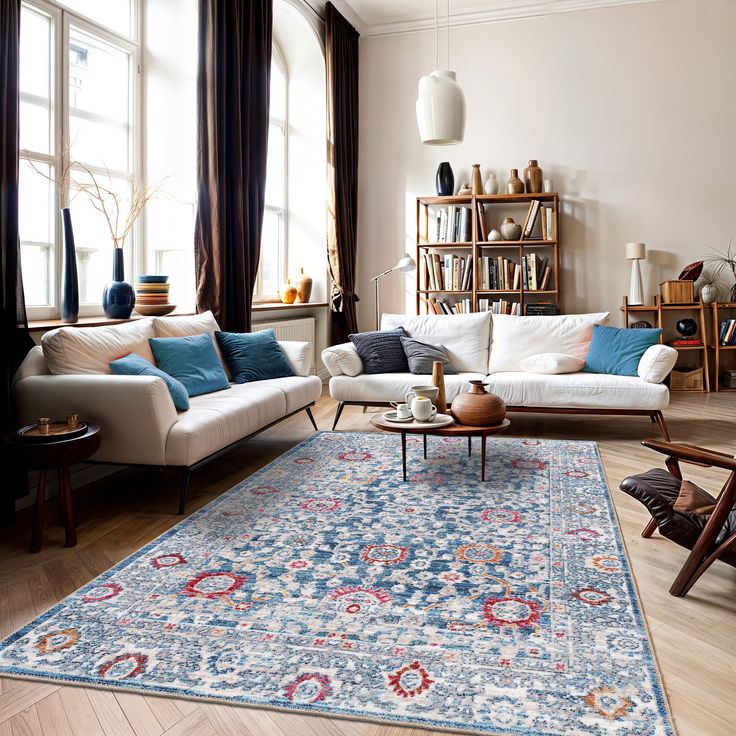 a living room with two couches and a rug on the floor in front of windows