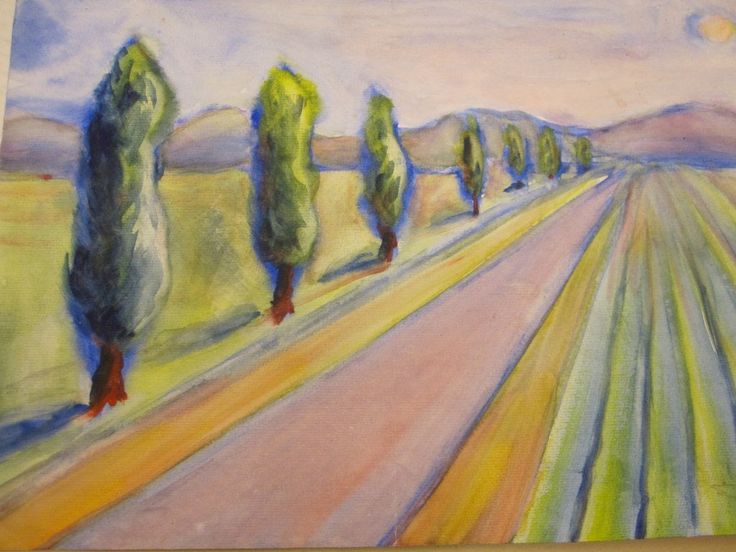 an oil painting of trees on the side of a road