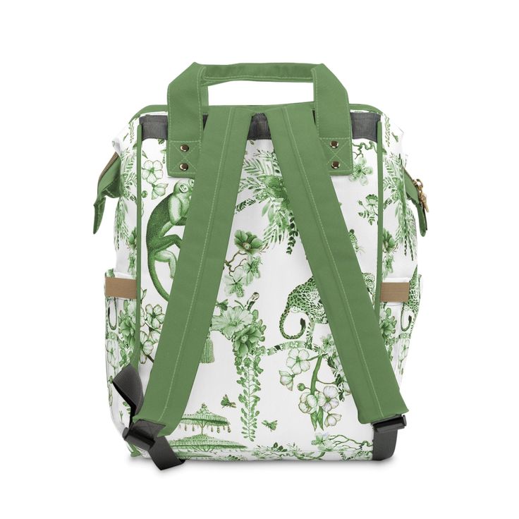 Experience the perfect blend of style, functionality, and durability. Introducing our Floral Green and White Chinoiserie Jungle Multifunctional Backpack, the ultimate multifunctional bag for parents (or teens) on the go. This stylish backpack is perfect for running errands or embarking on day trips with your toddlers. Crafted from lightweight, high-grade nylon, it ensures durability that will last for generations. With its open design, this backpack features a main pocket with a zipper, three el Practical Standard Backpack Luggage For Daily Use, Practical Everyday Backpack Luggage, Multifunctional Backpack Travel Bag, Multifunctional Backpack With Luggage Sleeve, Multifunctional Travel Backpack, Large Capacity Rectangular Backpack For Travel, Multifunctional Large Capacity Backpack For Travel, Practical Backpack With Removable Pouch, Versatile Large Capacity Backpack Travel Accessories