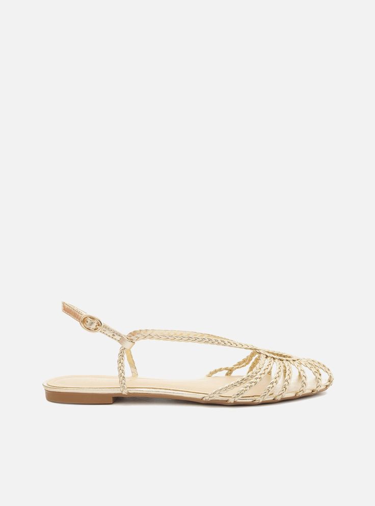 Paola Gold Flat Synthetic Sandal Golden Sandals, Gold Flat Sandals, Flat Sandals For Women, Gold Flats, Braided Strap, Sandals For Women, Toe Sandals, Braided Leather, Flat Sandals