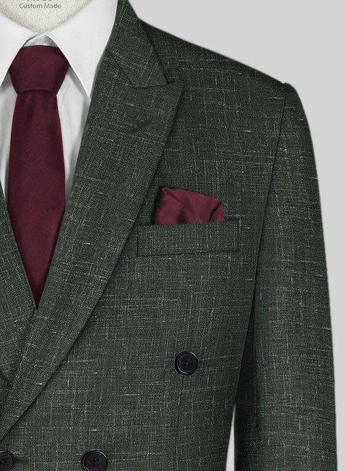 Looking for a suit that will make you feel sharp, polished and sophisticated, then you should go for our Italian Murano Bottle Green Wool Linen Double Breasted Suit. Crafted from a premium blend of wool, linen and silk, the texture on the green hue makes the suit especially versatile as well as will raise your interest level.   Look Includes  Italian Murano Bottle Green Wool Linen Fabric  Double Breasted Jacket Style  Peak Lapel  Horn Royal Black Buttons  Single Vent  Three Cuff Buttons  Two welted back pockets on trousers   You can change the look during customization if required.  Lining: Viscose; Dry Clean. Formal Linen Suits With Suit Collar, Formal Linen Suit With Suit Collar, Green Linen Suits With Notch Lapel, Green Linen Business Blazer, Formal Linen Sets With Suit Collar, Semi-formal Double-breasted Linen Suits, Fitted Linen Double Breasted Suit, Fitted Linen Double-breasted Suit, Formal Green Linen Blazer