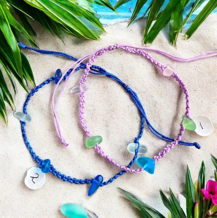 Pretty & cute Sea Glass ankle bracelet! A great gift for a friend who loves beaches & oceans.    Fun & pretty  summer beach anklet!. This bracelet is made with cultured sea glass beads & continued with macrame adjustable style. This beautiful array of  sea glass beads  measures 8 to 12  x 7 to 10 mm. When  the sliding tie is closed measures 8.0 inch and 10.0 inch when expended leaving 1 inch each end. * Choose either royal blue or lavender macrame string. Please check out my other sea glass jewe Adjustable Ocean-inspired Friendship Bracelets, Ocean-inspired Strand Friendship Bracelets As Gifts, Ocean-inspired Strand Friendship Bracelets As Gift, Adjustable Ocean Color Beaded Bracelets For Gifts, Adjustable Ocean-colored Beaded Bracelets For Gifts, Adjustable Blue Ocean-inspired Friendship Bracelets, Adjustable Beaded Bracelets In Ocean Color For Gift, Adjustable Blue Strand Friendship Bracelet, Blue Resizable Friendship Bracelets For Beach