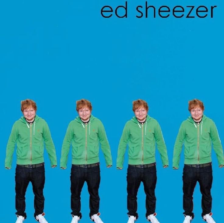 the young man is standing in front of four identical images wearing green sweatshirts and black pants