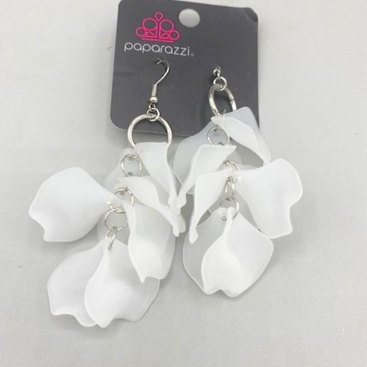 Paparazzi White Flower Petals Earrings Spring Party Petal-shaped Earrings, White Drop Flower Earrings For Party, White Flower Drop Earrings For Parties, White Flower-shaped Earrings For Party, Elegant Flower Earrings For Summer, White Flower-shaped Party Earrings, Spring Party White Flower Earrings, Elegant Flower Charm Earrings For Summer, Elegant Flower Shaped Earrings For Beach