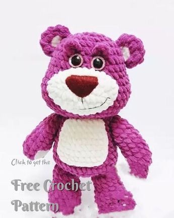 a purple crocheted teddy bear sitting on top of a white surface with the caption free crochet pattern