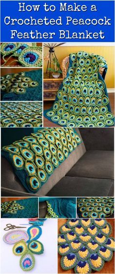 crocheted peacock feather blanket is featured in this collage