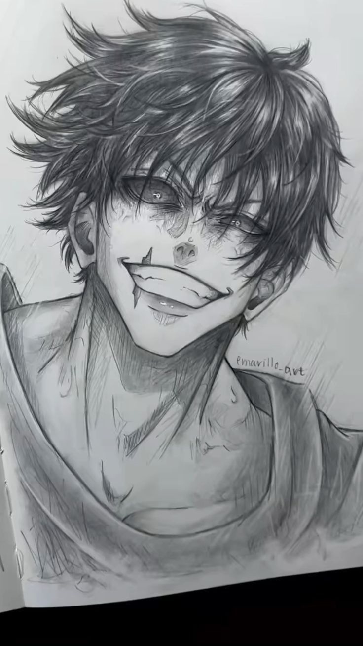 a pencil drawing of a boy with black hair and an angry look on his face